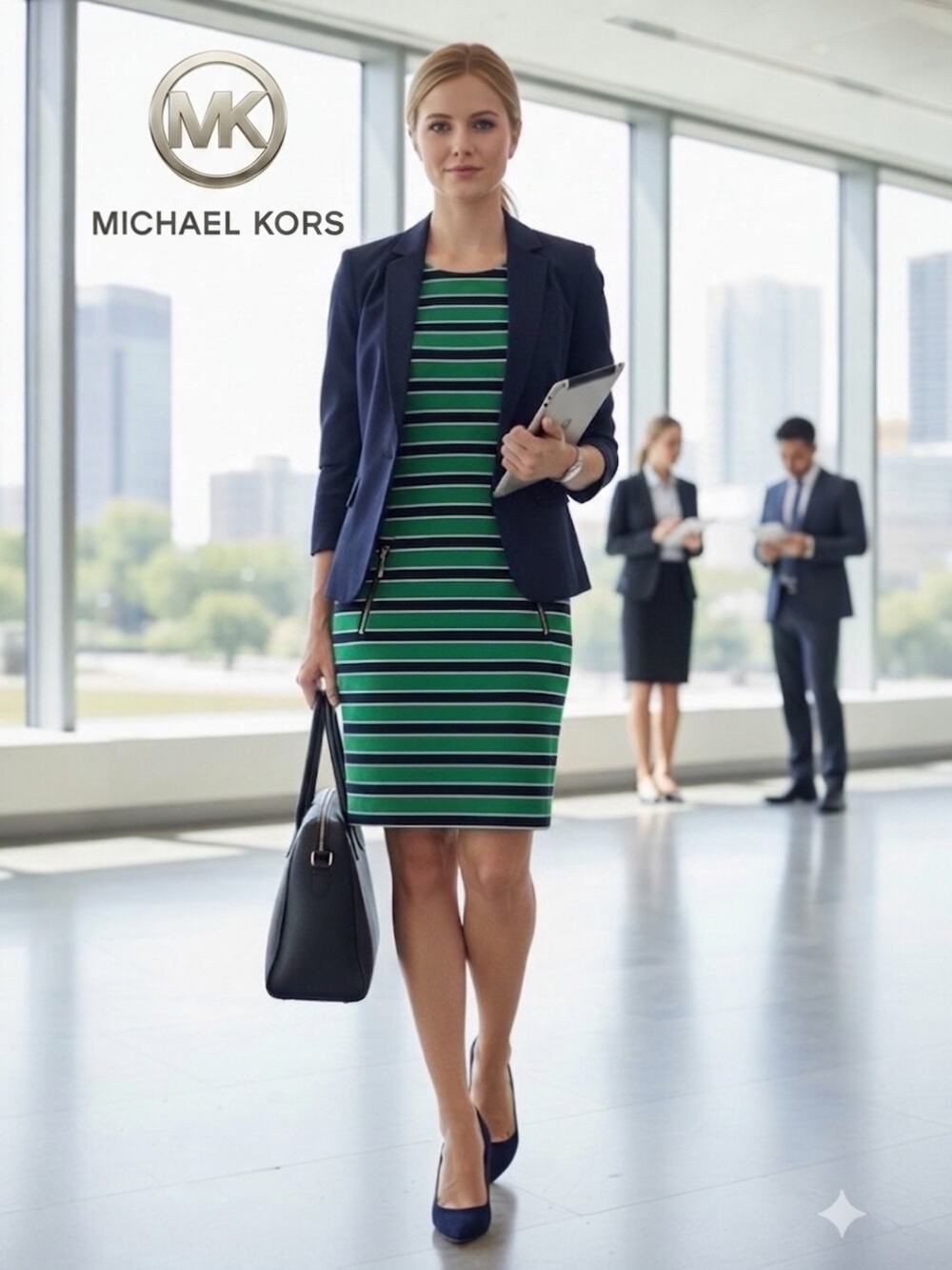 Michael Kors Green & Navy Striped Shift Dress Gold Zipper Pockets - Sz. S